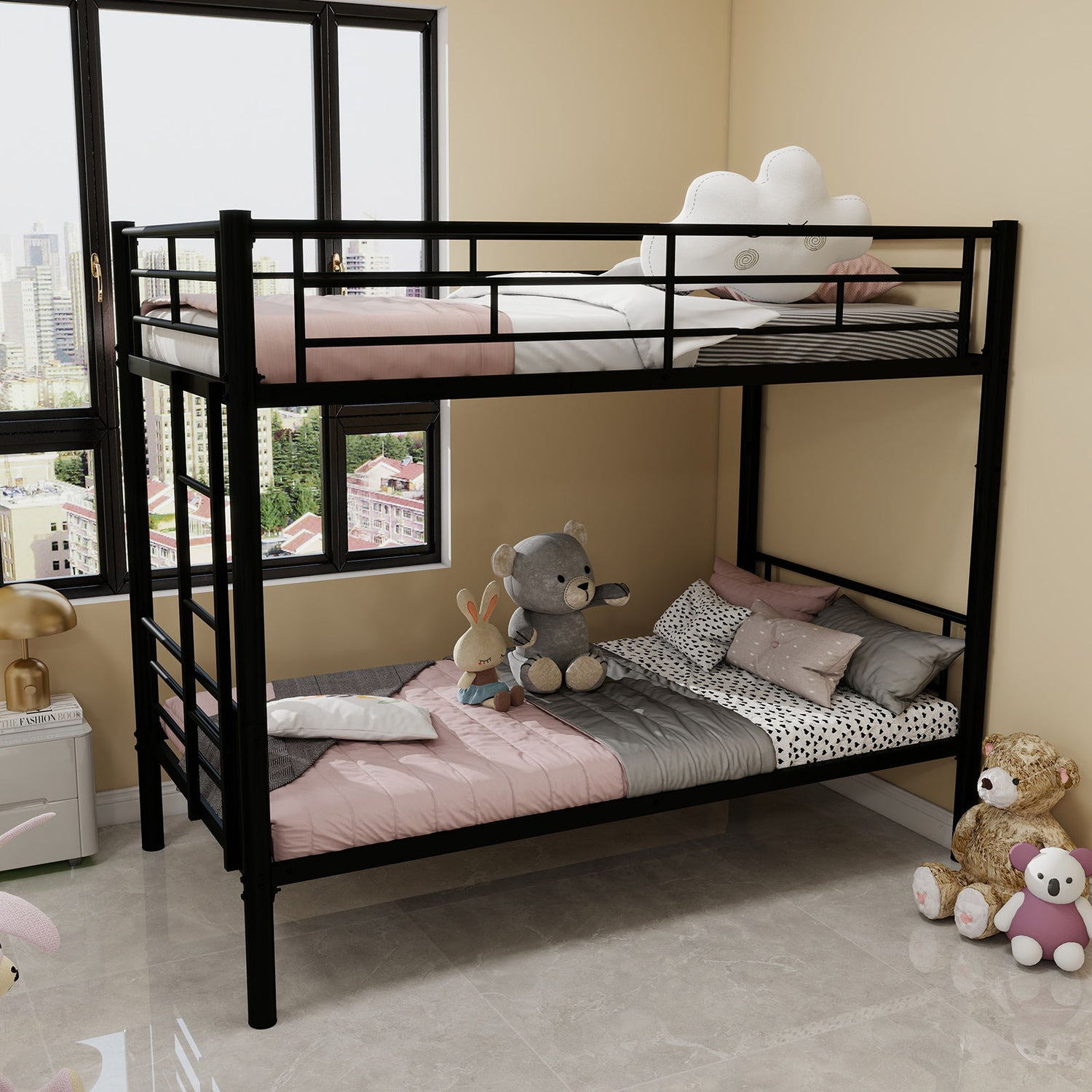 Metal Bunk Bed For Kids, Convertible Bedframe With Ladders &amp; Guardrail