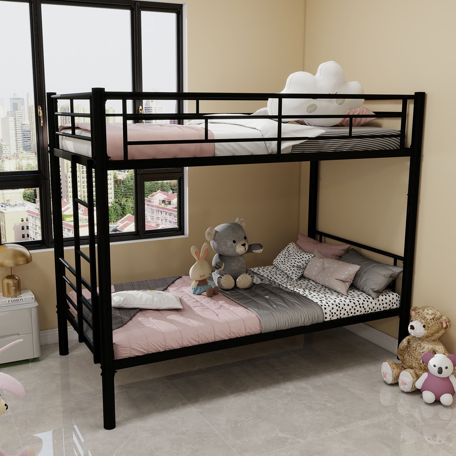 Metal Bunk Bed For Kids, Convertible Bedframe With Ladders &amp; Guardrail