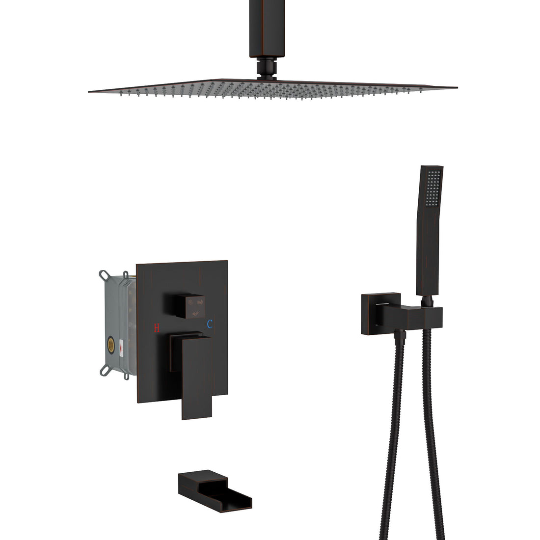 Shower System With Waterfall Tub Spout And 16&quot; Ceiling Mount Square Rain Shower - Oil-Rubbed Bronze