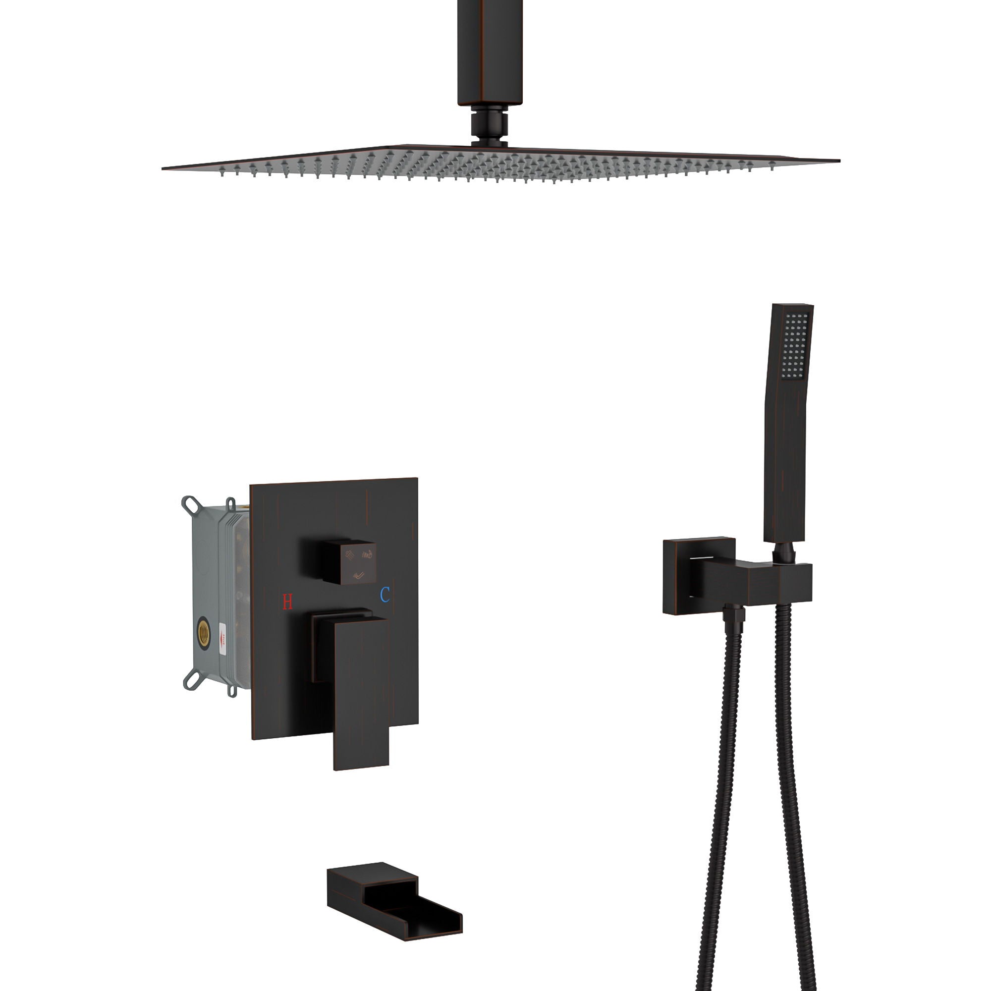 Shower System With Waterfall Tub Spout And 16&quot; Ceiling Mount Square Rain Shower - Oil-Rubbed Bronze