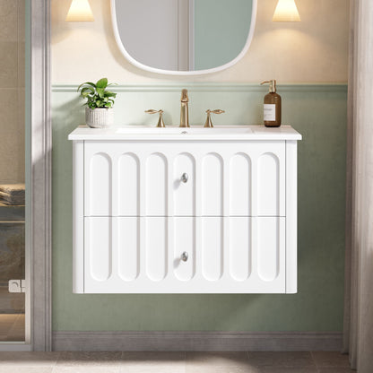 Floating Bathroom Vanity With Oval Knobs &amp; Round Edge, Soft Close Drawer Slides