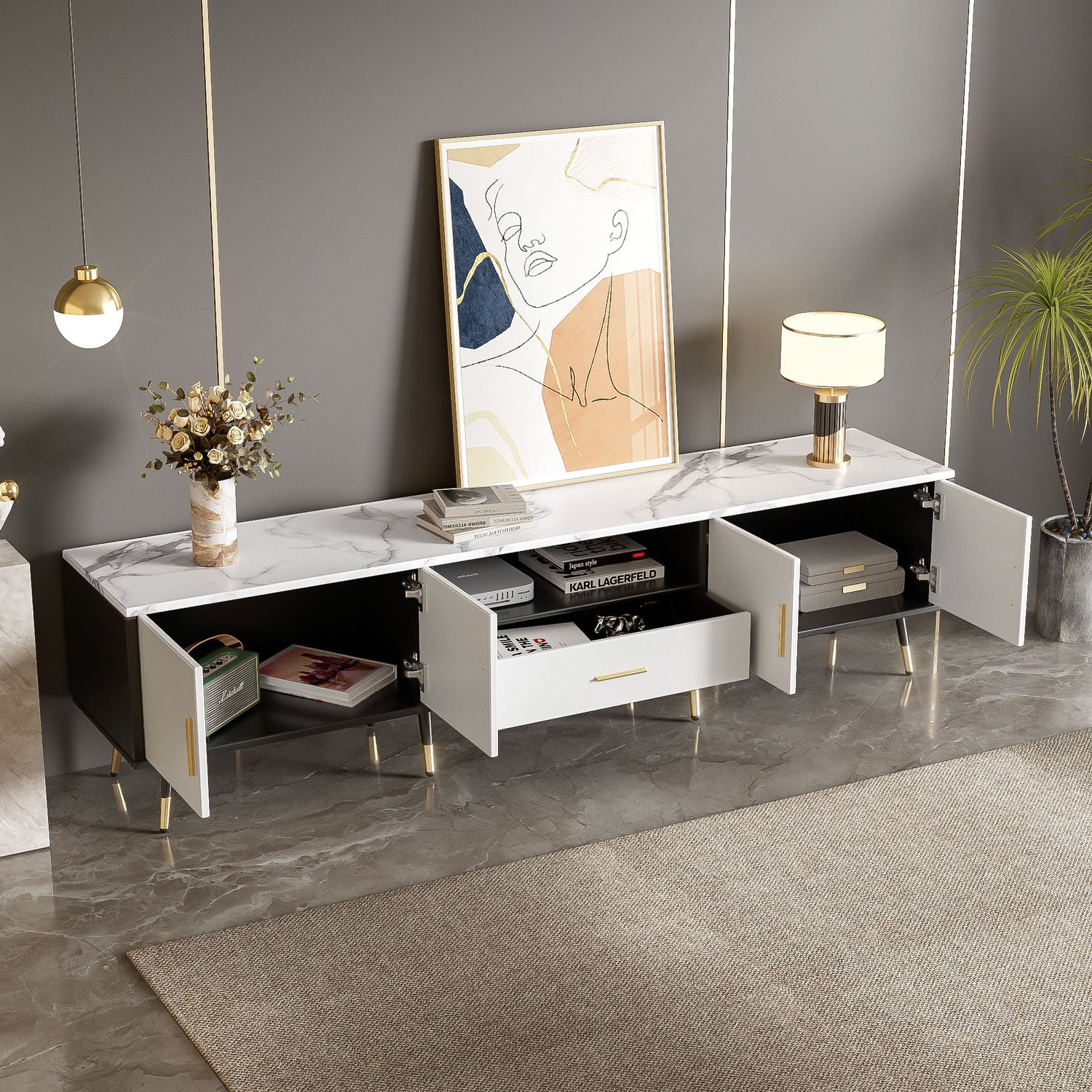 Modern TV Stand With 2 Cabinets &amp; Open Compartments, Entertainment Center For Tvs Up To 80&