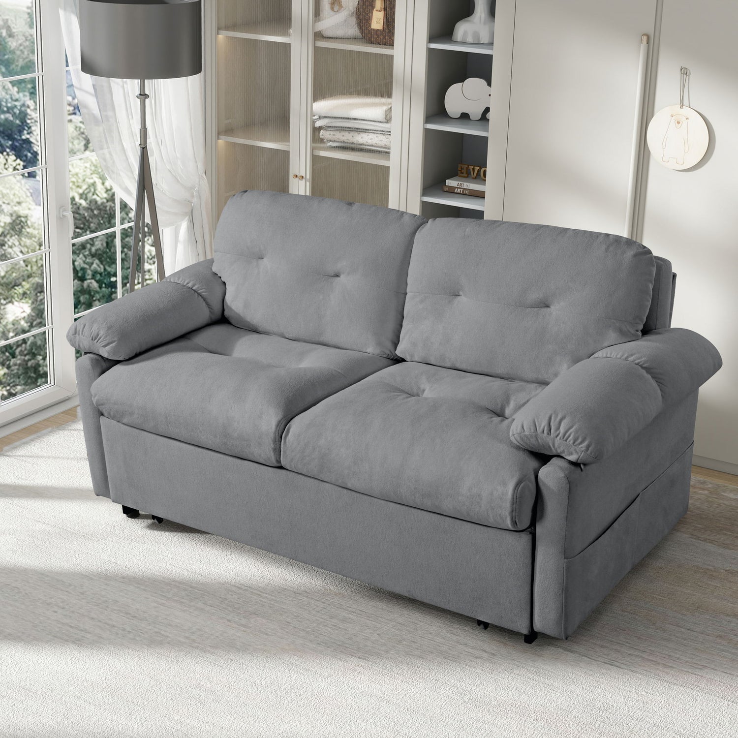 Modern Convertible Sleeper Sofa Bed With Pull-Out Queen Design, Side Storage &amp; Thick Cushions