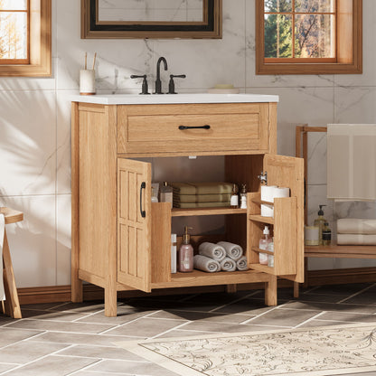 Bathroom Vanity With Sink, Adjustable Shelf &amp; Door Organizers - Walnut