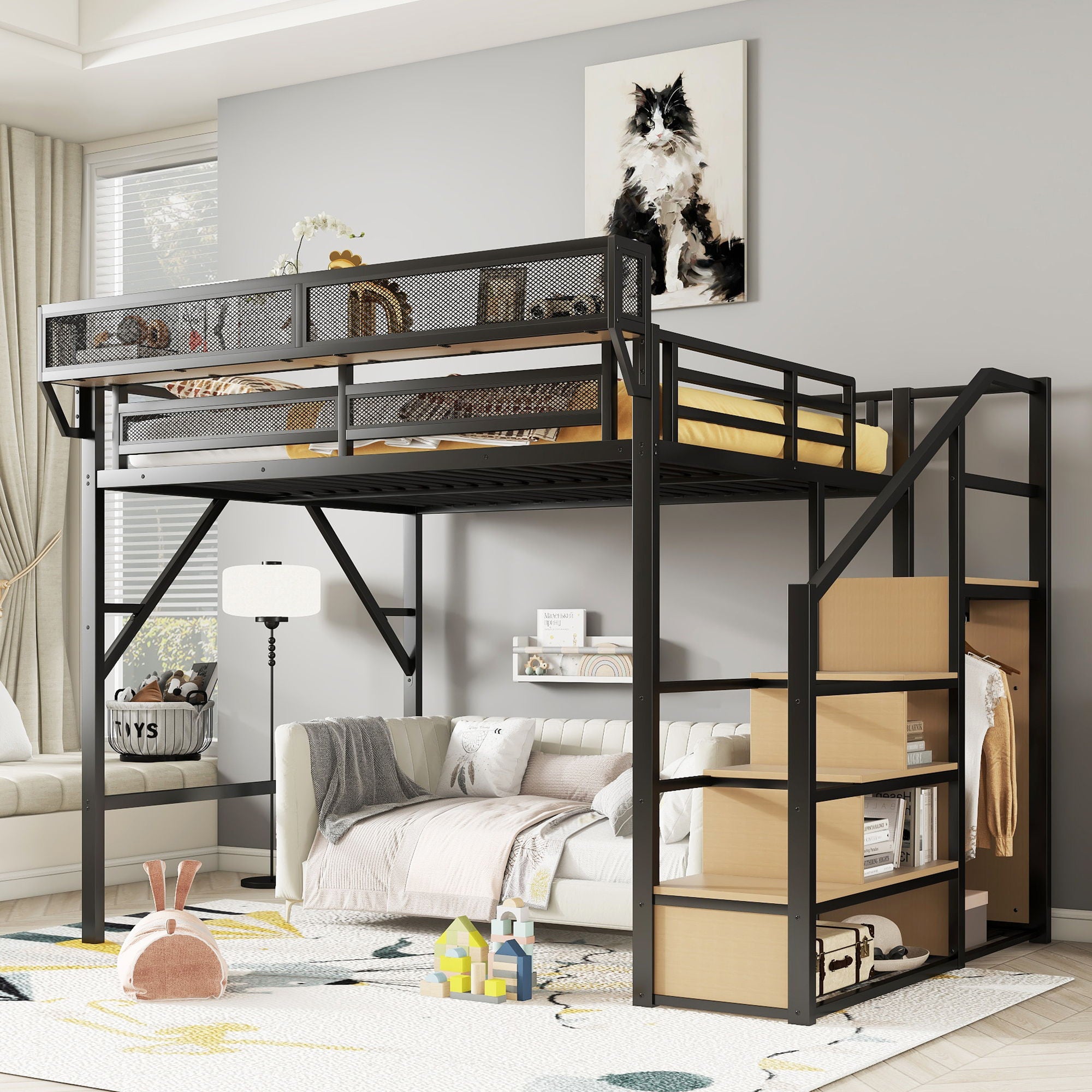 Queen Size Loft Bed &amp; Stairs, Storage Shelves, Wardrobe - Black / Wood