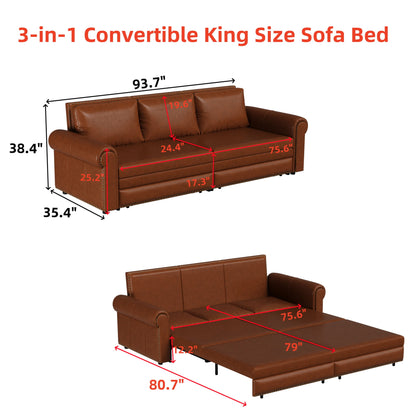 3 In 1 Convertible Sleeper Sofa With Nailhead Trim &amp; Rolled Arm