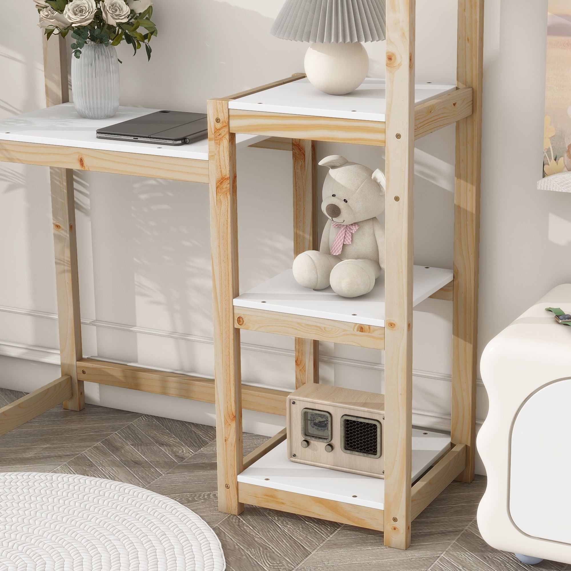 House-Shaped Wooden Writing Desk, Kids Study Table, Bookshelf &amp; Toy Storage