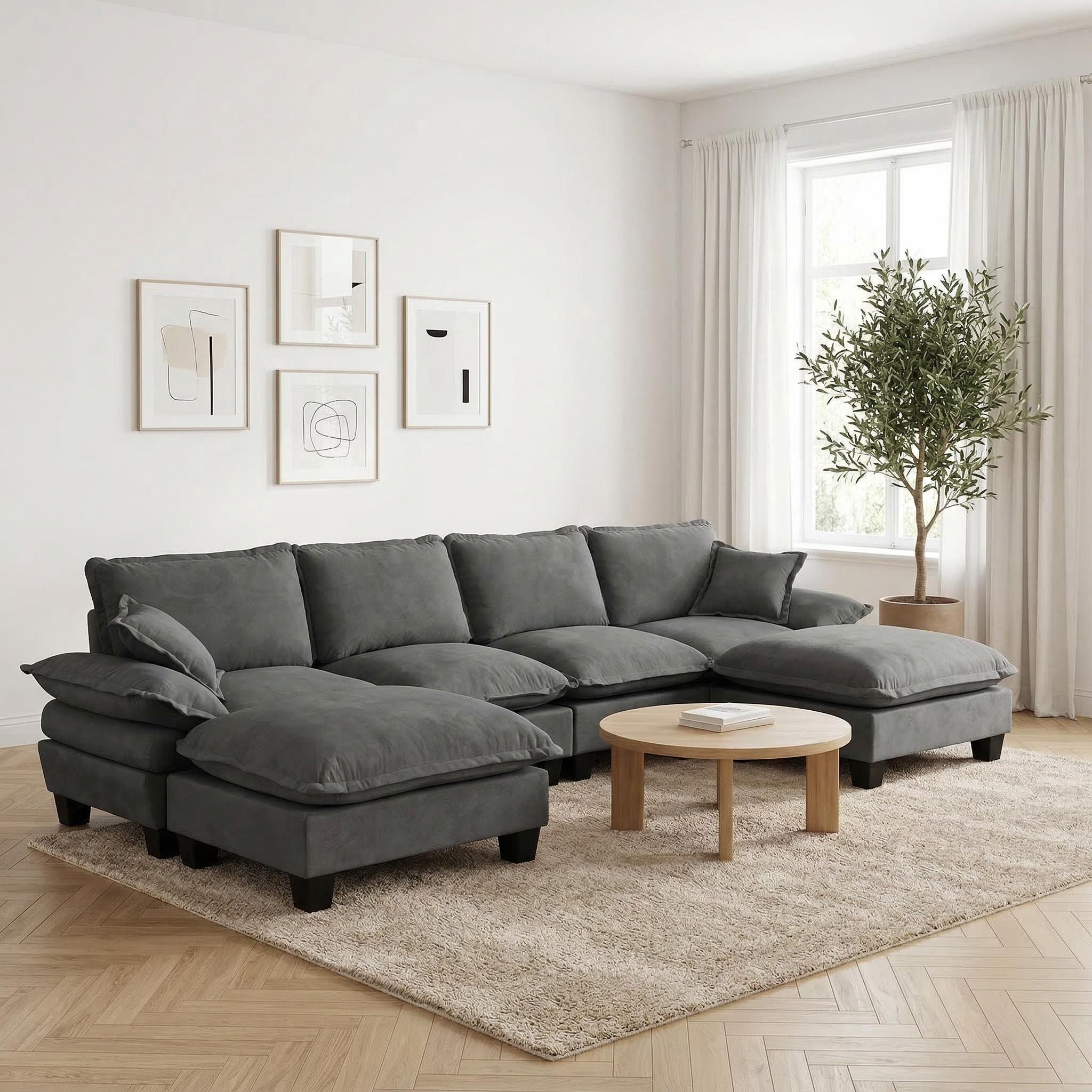 Modular Sectional Sofa With Movable Ottoman &amp; Pillows