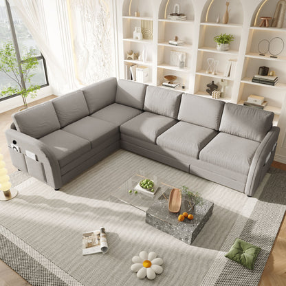 L-Shaped Couch With Pull-Out Bed, Convertible Sleeper Sofa With Side Pocket &amp; USB Port