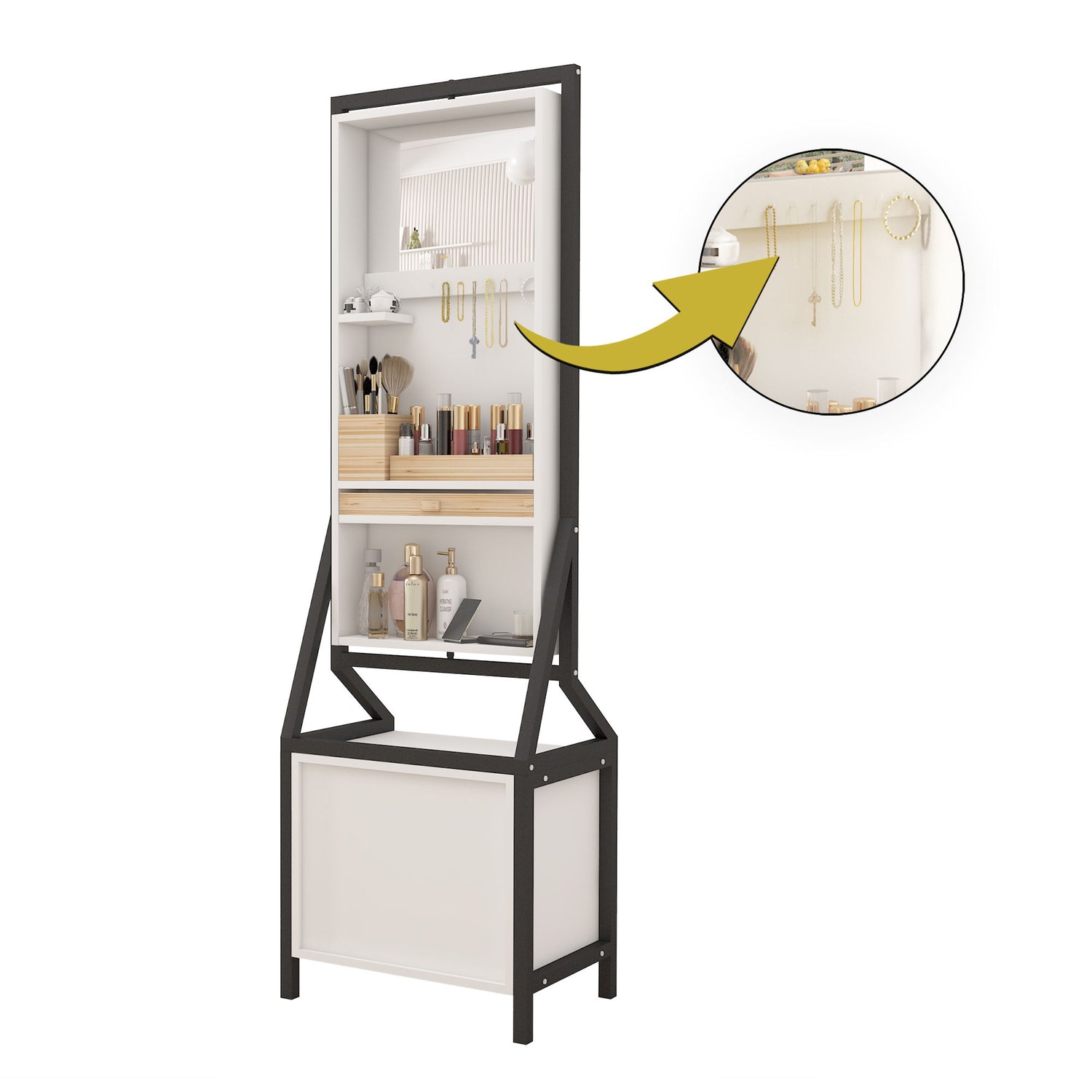 Modern Design Rotating Floor Standing Mirror Closet &amp; Spacious Storage Area - White