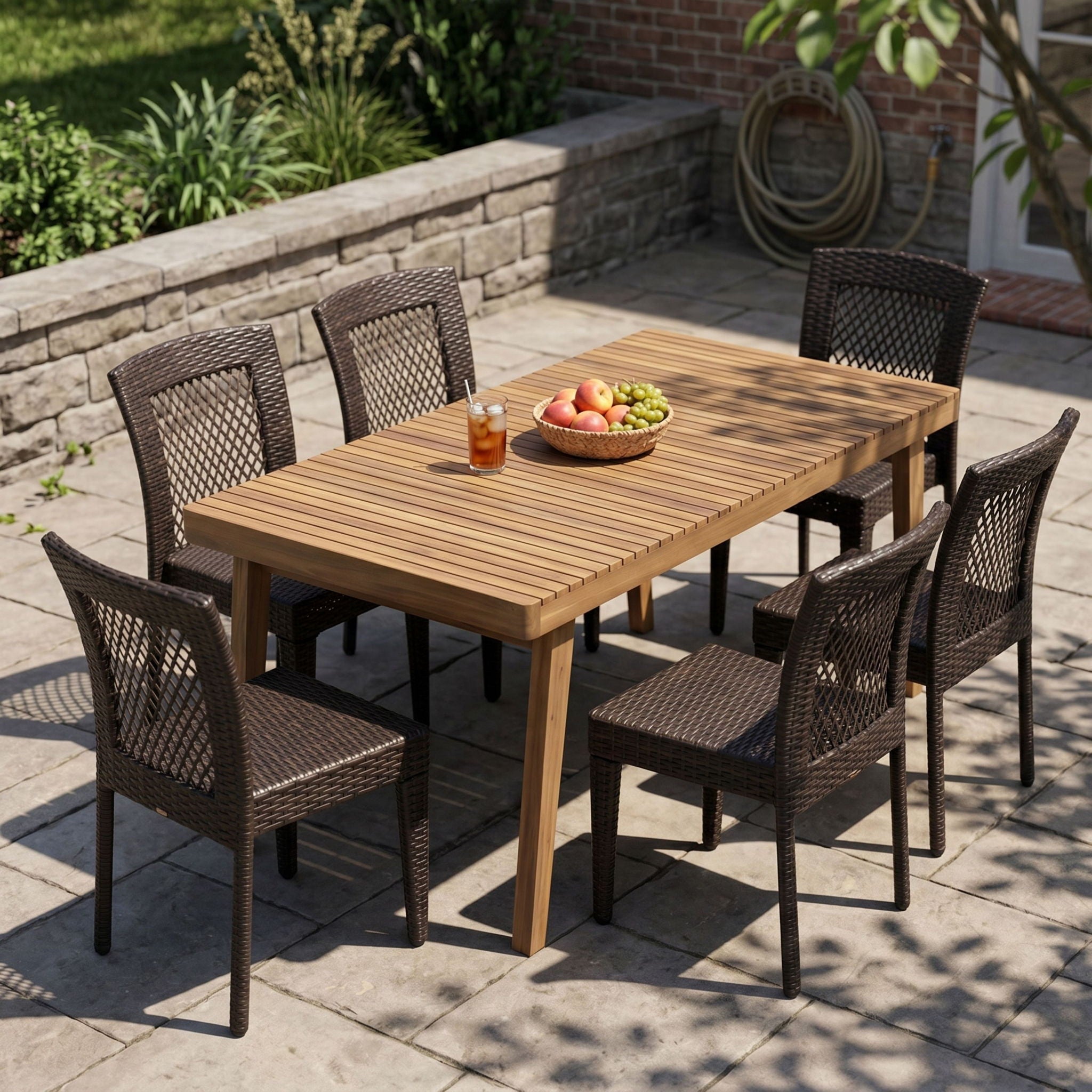 7 Piece Outdoor Patio Dining Set With Table &amp; 6 Chairs - Brown / Brown Multi