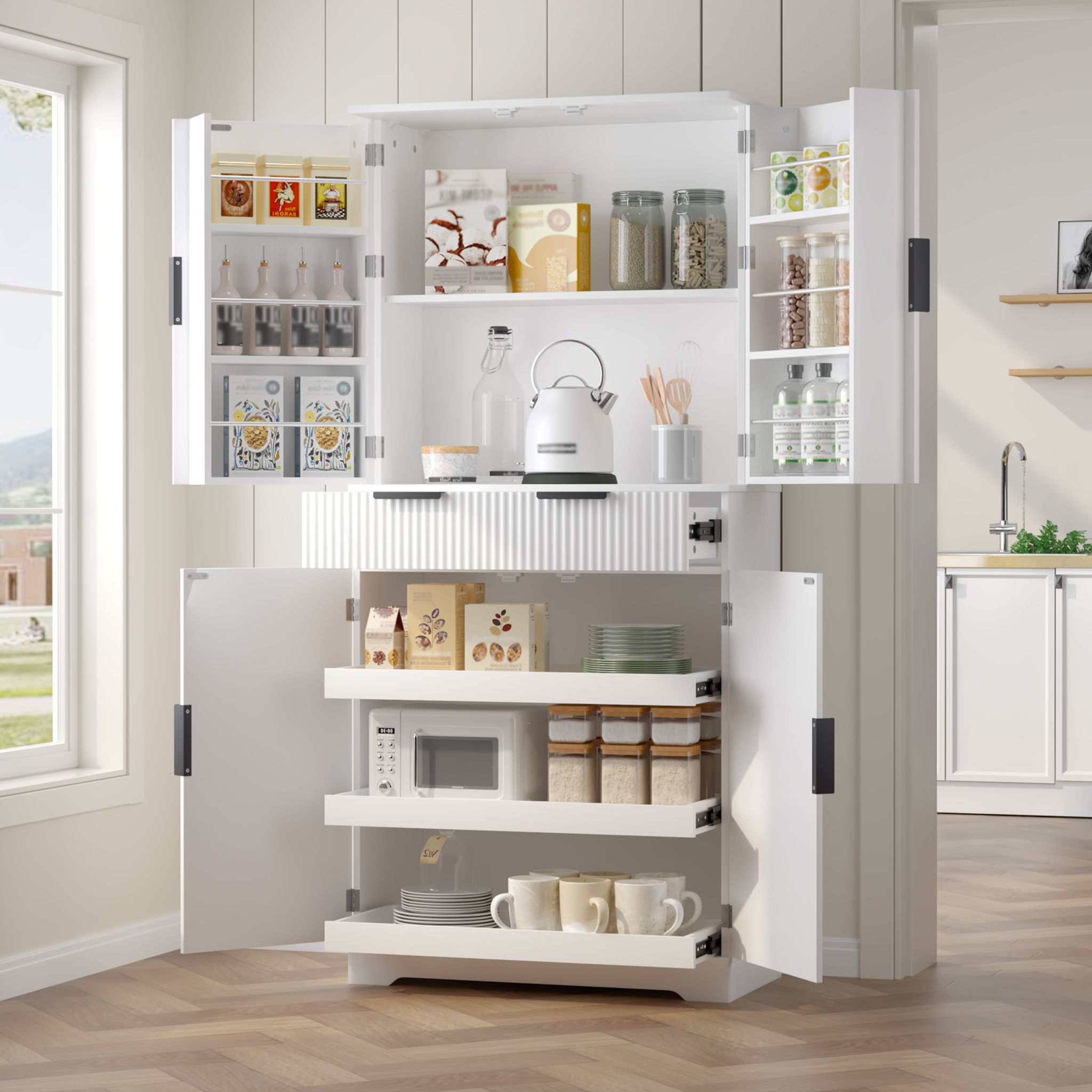 Fluted Kitchen Pantry Cabinet With 3 Keyboard Drawers &amp; 6 Adjustable Door Shelves