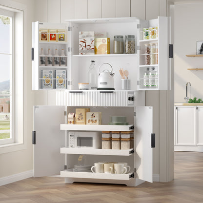 Fluted Kitchen Pantry Cabinet With 3 Keyboard Drawers &amp; 6 Adjustable Door Shelves
