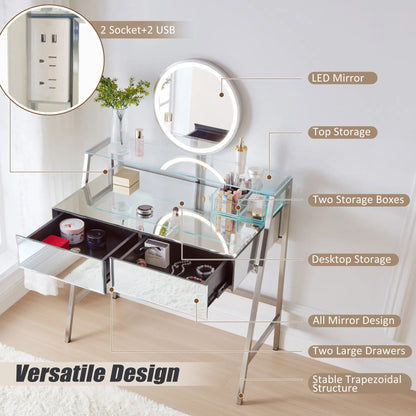 33.9&quot; Mirrored Makeup Vanity Desk With Mirror And Lights, Mirrored Console Vanity Table With 2 Big Drawers &amp; Open Shelf, Dressing Table With Charging Station For Bedroom - Silver