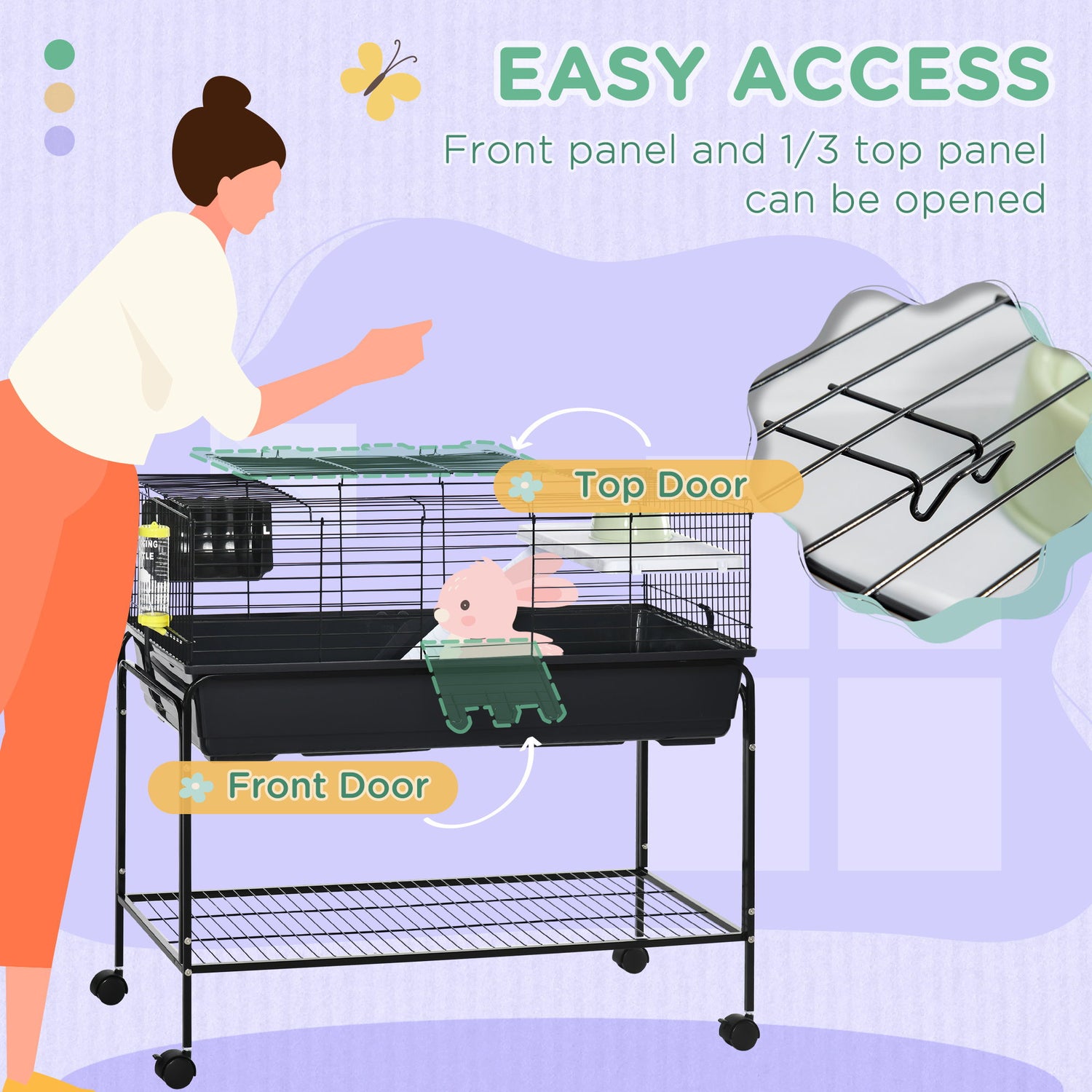 Pawhut - Two-Story Small Animal Cage Removable From Stand, Guinea Pig Cage, Hedgehog Cage, Chinchilla Cage, Ferret, With Shelf &amp; Wheels, Pet Habitat - Black