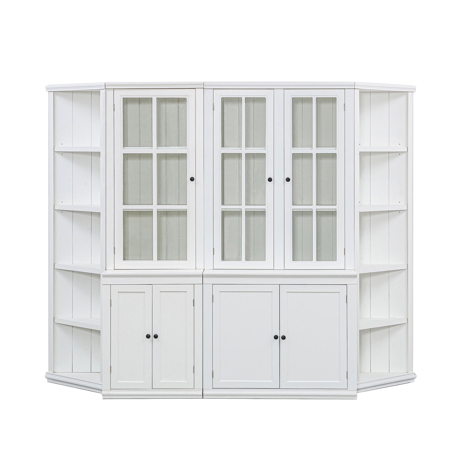 Retro Style Wall Suit With Glass Doors, 75.25&quot; Tall Display Cabinets &amp; Triangle Sided Bookshelves - White