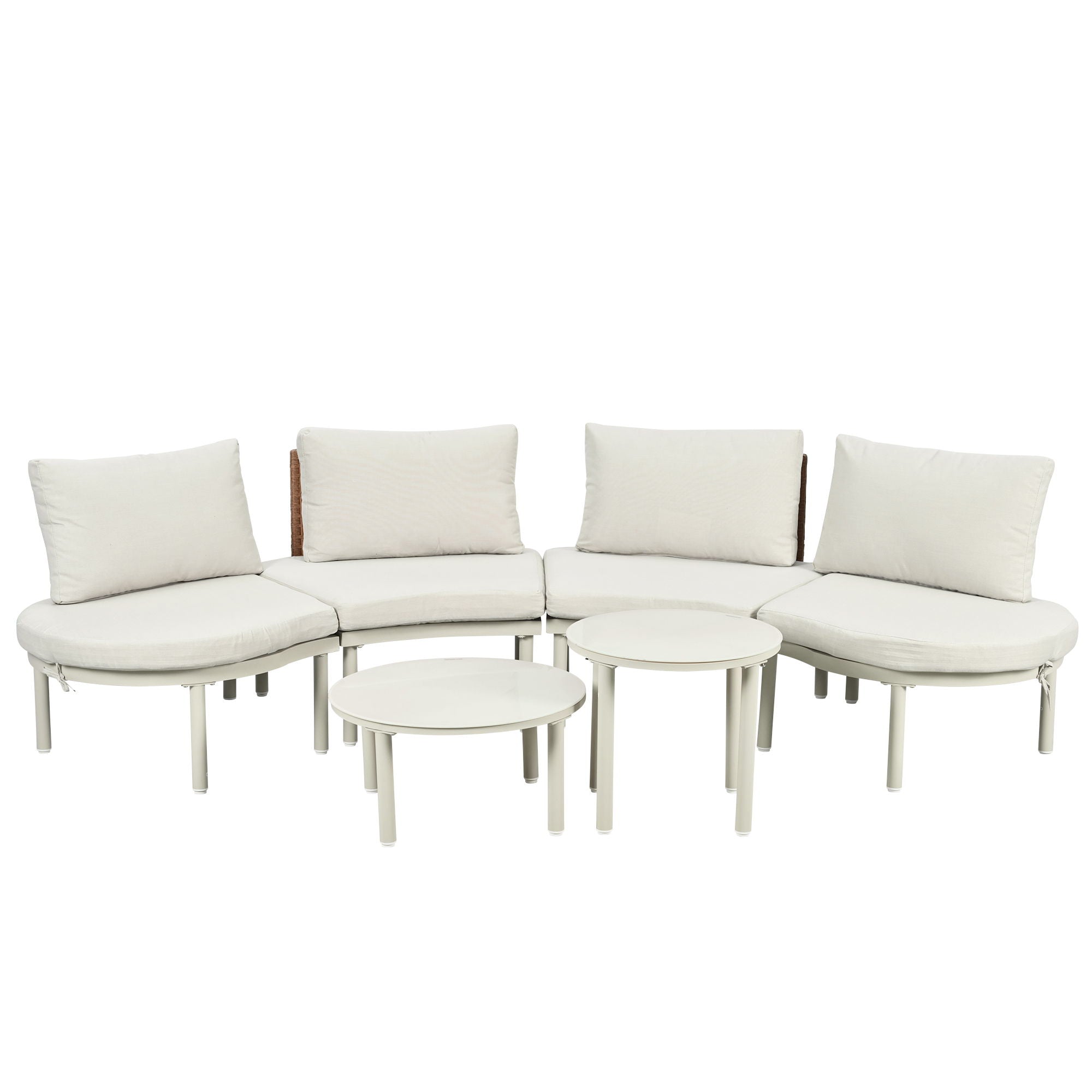 6 Piece Patio Set, Half Moon Outdoor Sectional Sofa With 2 High Low Coffee Tables, 4 Pillows &amp; Cushions