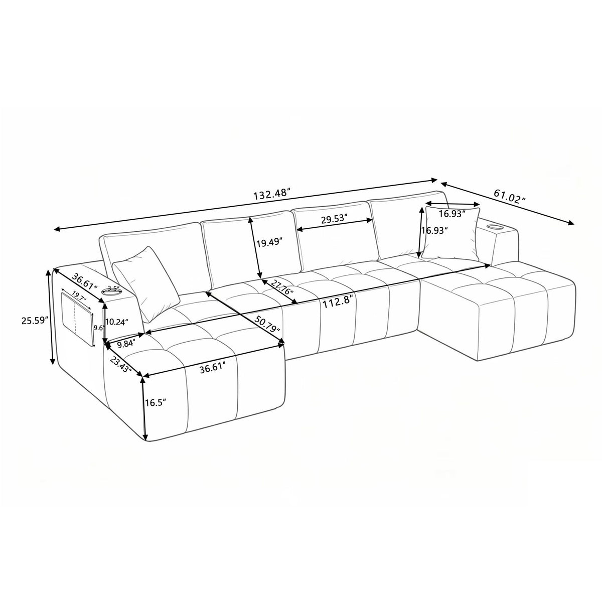 U - Shaped Sectional Sofa, Cup Holders &amp; Side Pockets For Living Room