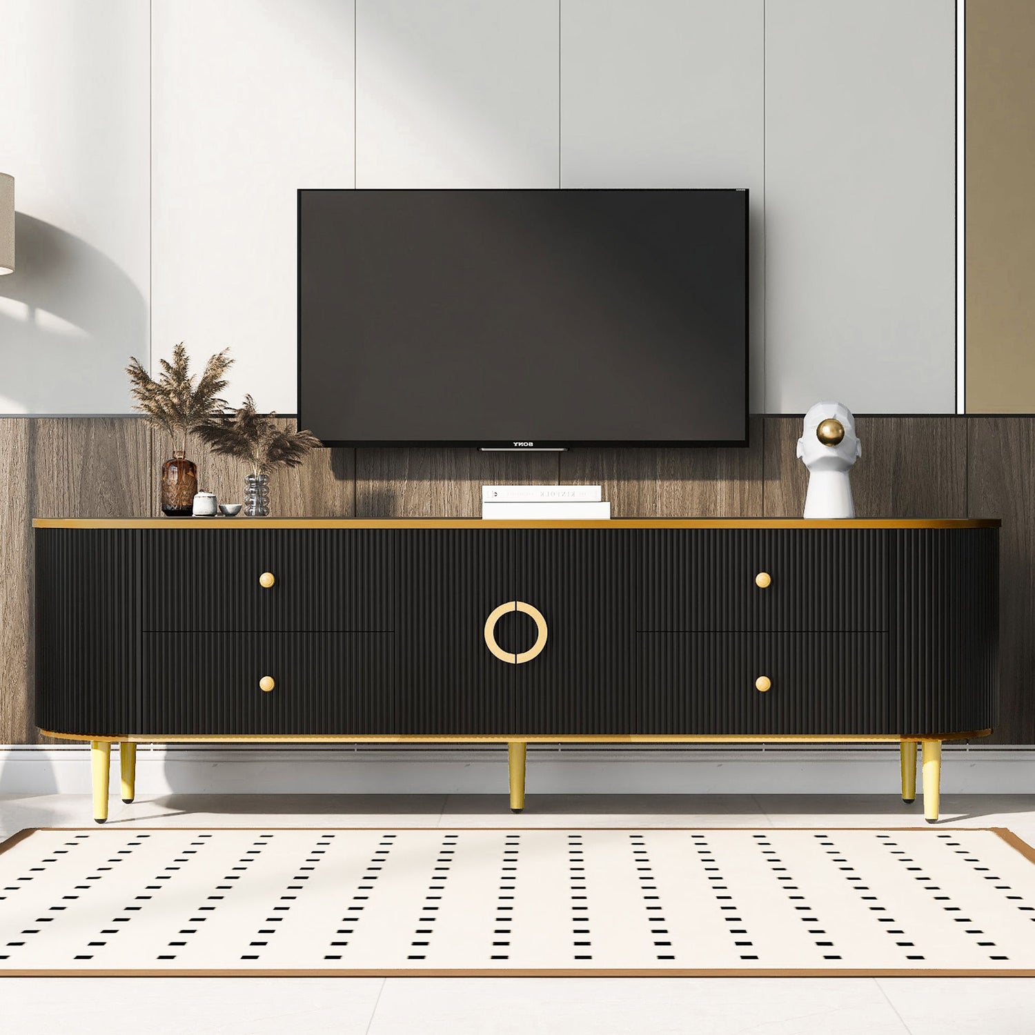 Modern TV Stand For TVs Up To 80&quot;, Entertainment Center With 4 Drawers And 1 Cabinet, Wood TV Console Table With Metal Legs And Handles For Living Room