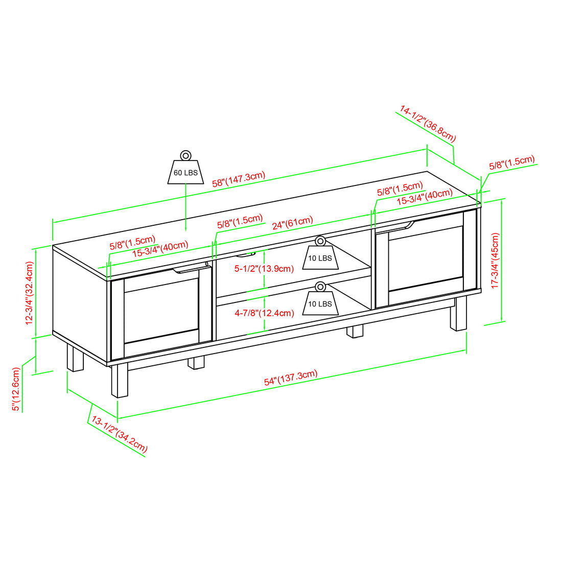 Modern 2 Door Open Storage TV Stand For TVs Up To 65&quot; - Solid Black