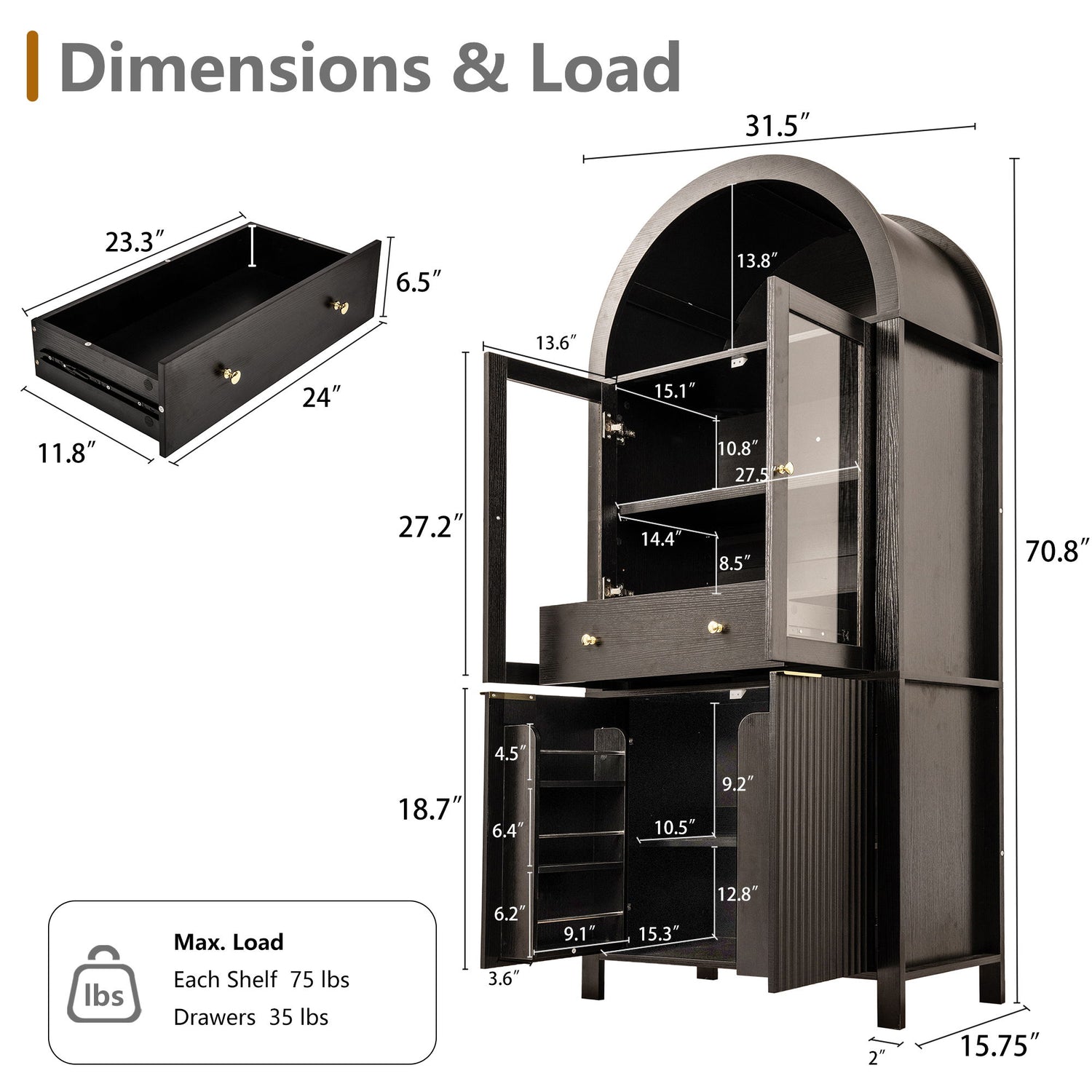 Fluted Tall Arched Pantry Cabinet With Adjustable Shelves, Glass Door &amp; Hidden Drawer For Kitchen