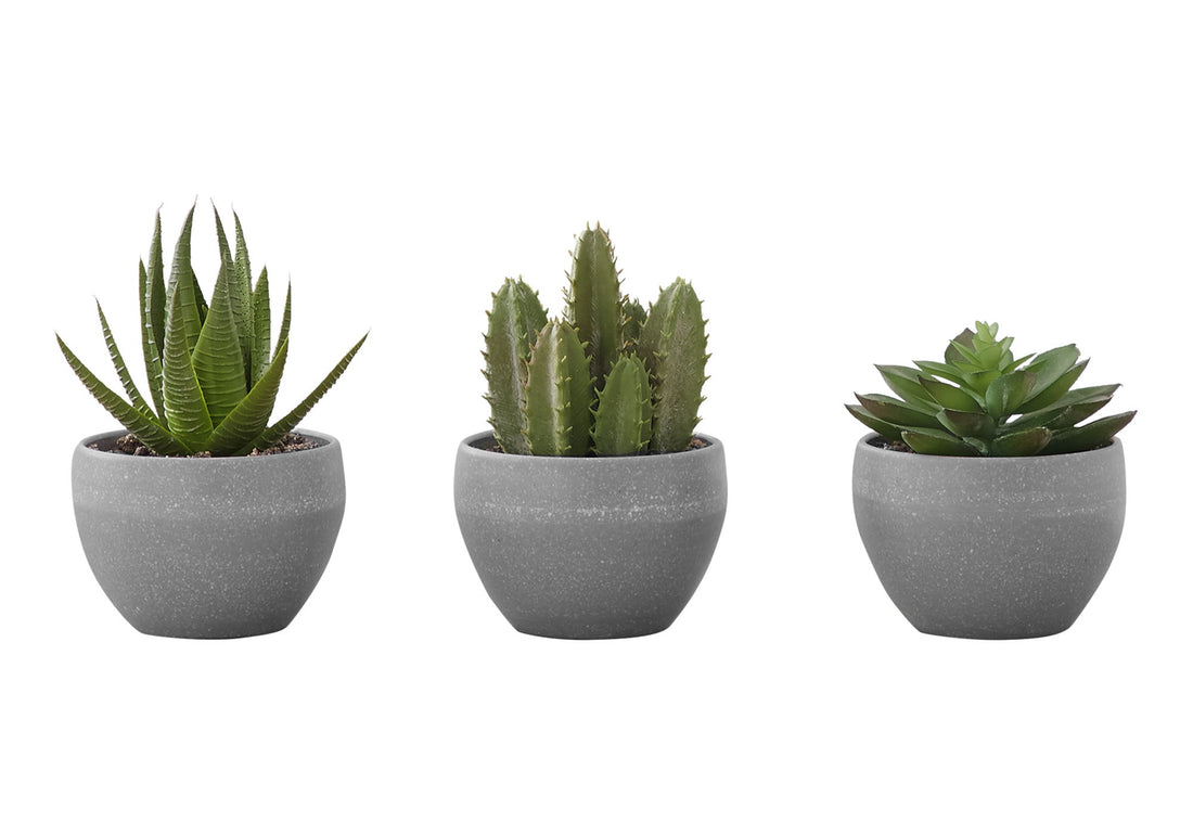 6&quot; Tall, Artificial Plant, Succulent, Indoor, Faux, Fake, Table, Greenery, Potted, Decorative (Set of 3) - Green / Gray