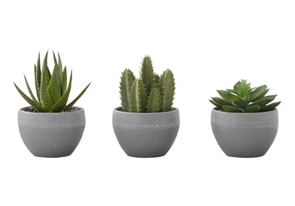6&quot; Tall, Artificial Plant, Succulent, Indoor, Faux, Fake, Table, Greenery, Potted, Decorative (Set of 3) - Green / Gray