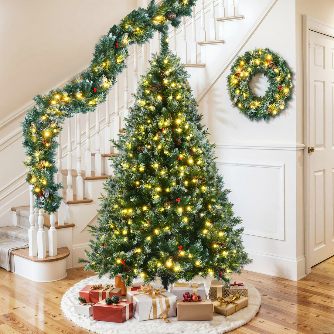 6FT Dark Green Pine Christmas Tree, Pre-Lit Set with Tree &amp; Garland &amp; Wreath, Hinged Artificial Xmas Tree with White Tips, Red Berries and Pine Cones, 11 Colorful Modes, Indoor Holiday Decoration