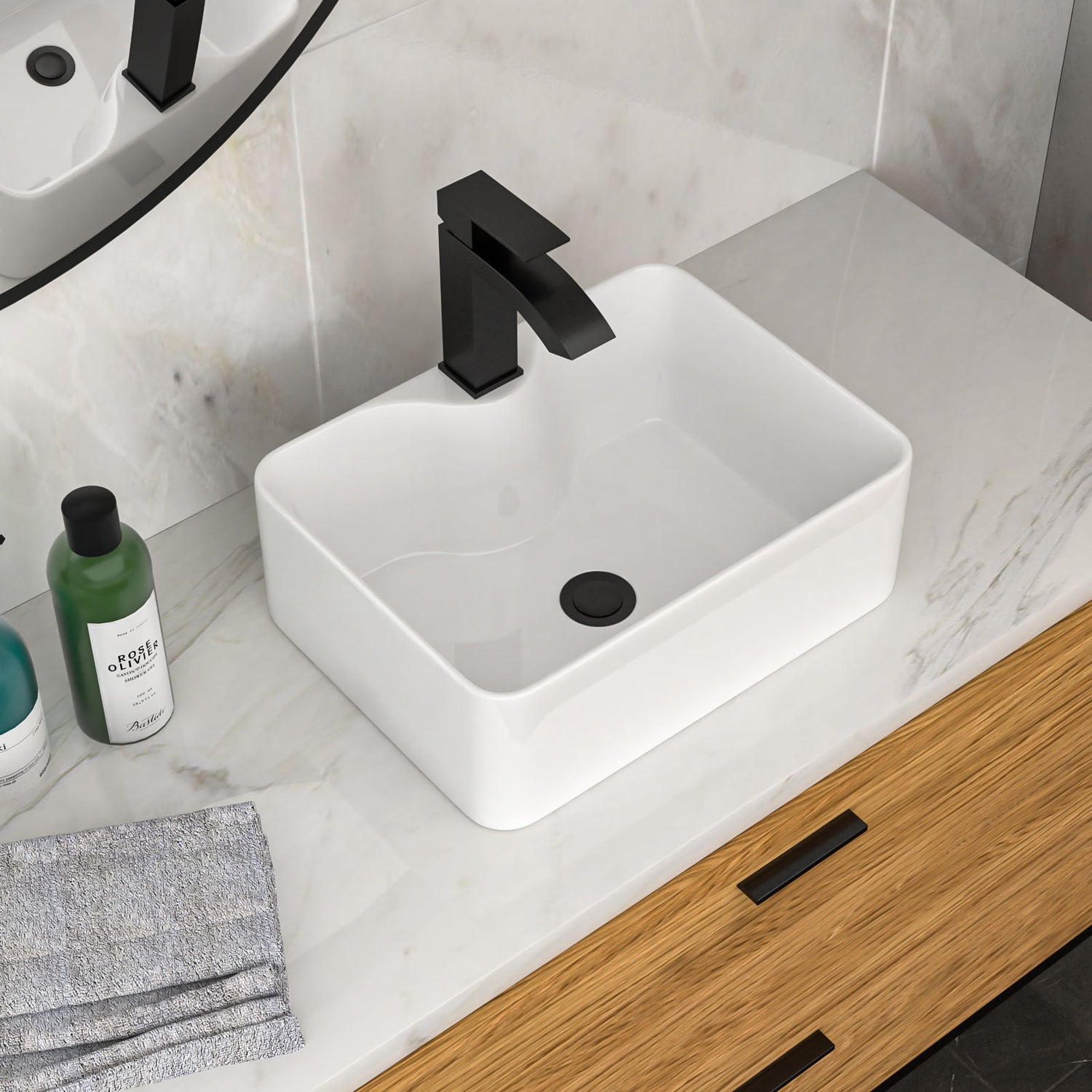 Rectangular Vessel Sink With Faucet &amp; Drain - White / Black