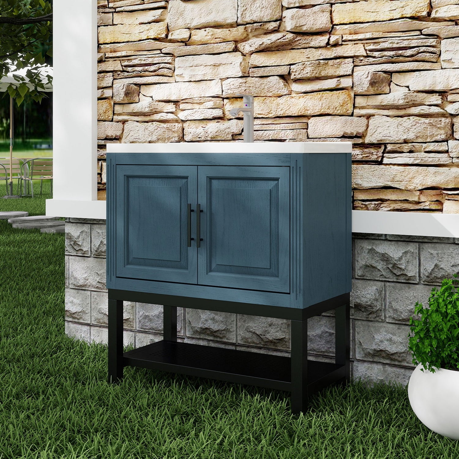Modern Freestanding Bathroom Vanity With Ceramic Sink, Hot And Cold Faucet, Storage Cabinet &amp; Open Shelf