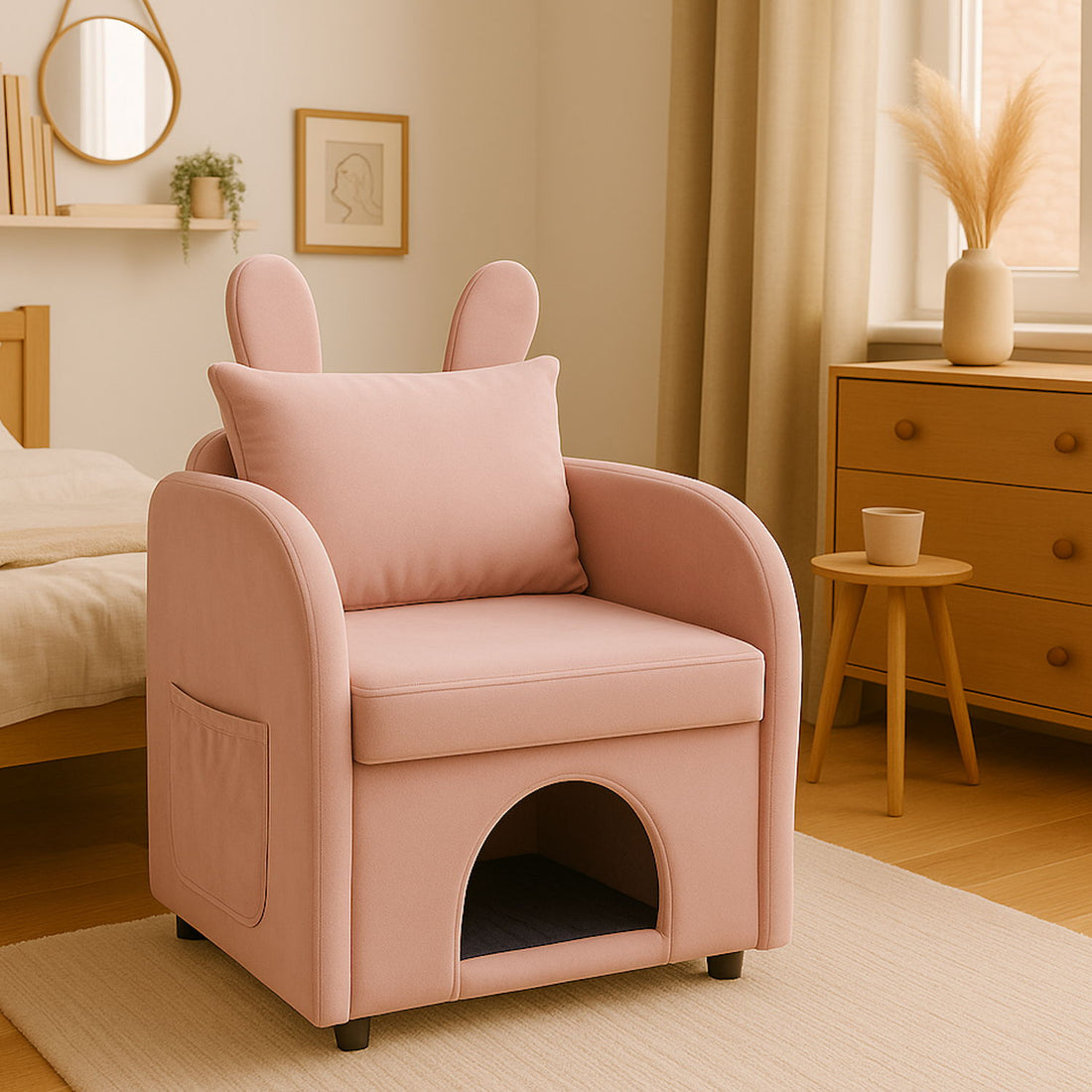 Bunny Ear Pet Friendly Armchair With Hidden Pet House With Storage Pocket For Bedroom &amp; Living Room - Pink