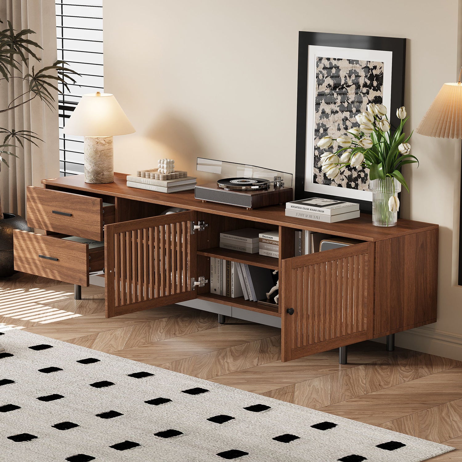 78" TV Stand For TVs Up To 85" Entertainment Center With Deep Drawers &amp; Cable Management, Soft Closing Hinges - Walnut