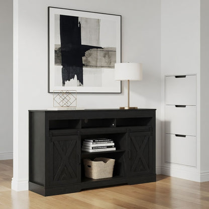 Farmhouse TV Stand With Sliding Barn Doors &amp; Adjustable Storage
