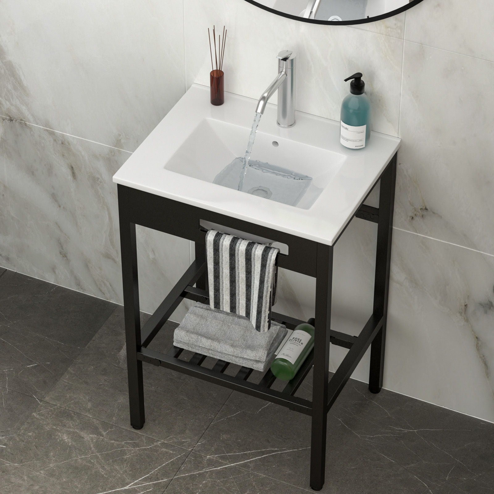 Console Sink With Legs, 24&quot; X 18&quot;, Durable Porcela With Frame - White / Black