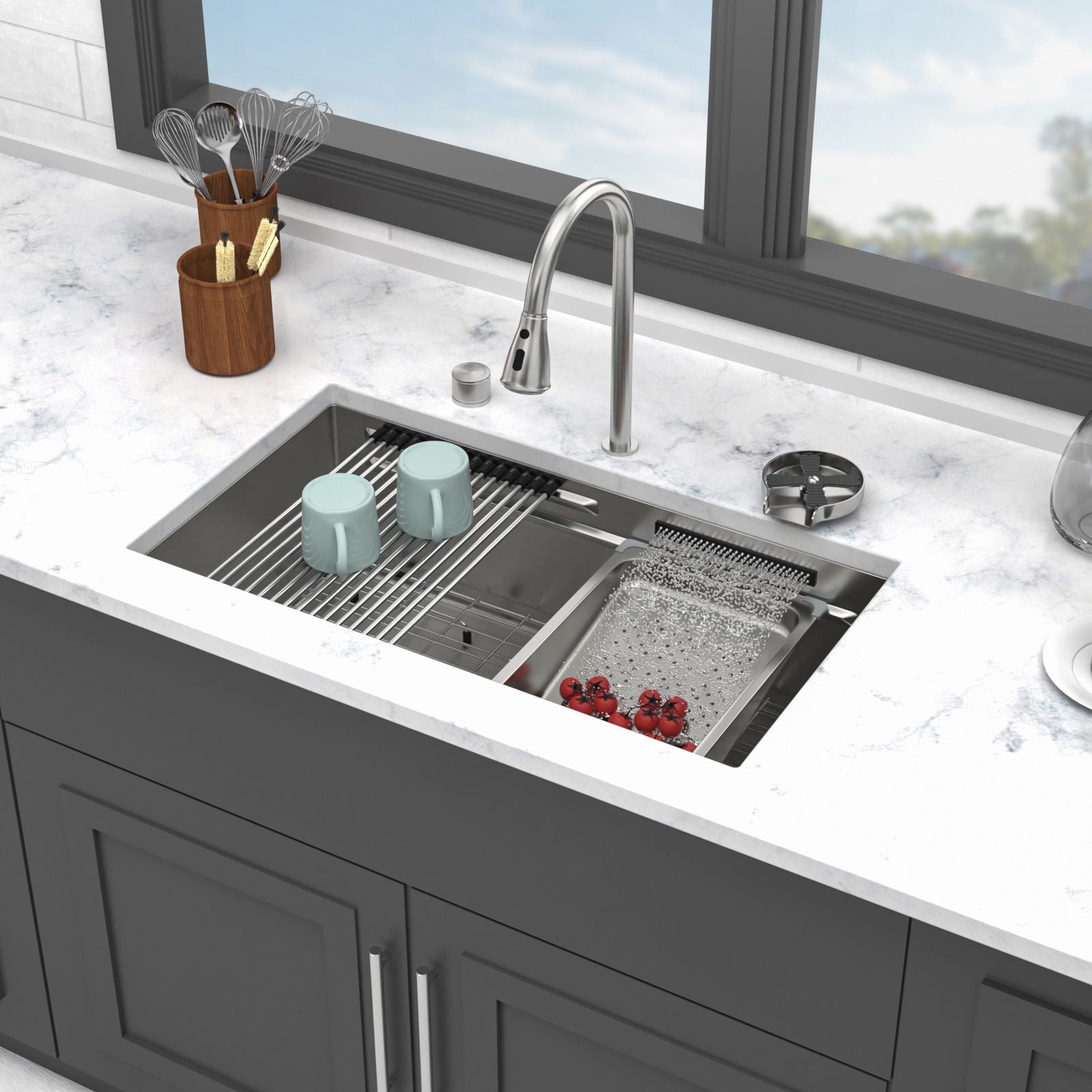 Undermount Stainless Steel Kitchen Sink With Pull Down Faucet &amp; Ledge Workstation