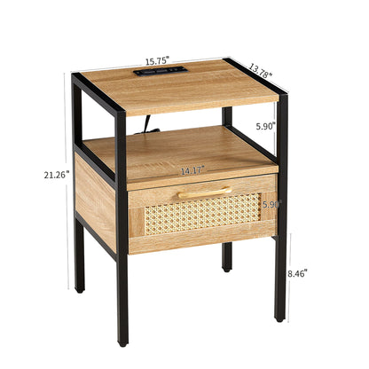 Rattan End Table With Power Outlet &amp; USB Ports, Modern Nightstand With Drawer And Metal Legs, Side Table For Living Room, Bedroom