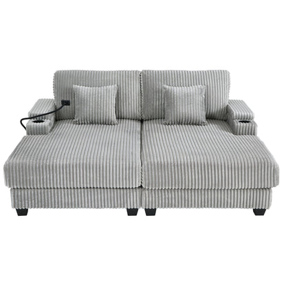 Modern Chaise Sofa With Adjustable Backrest, Cup Holders, Phone Holder &amp; Storage Compartments For Living Room