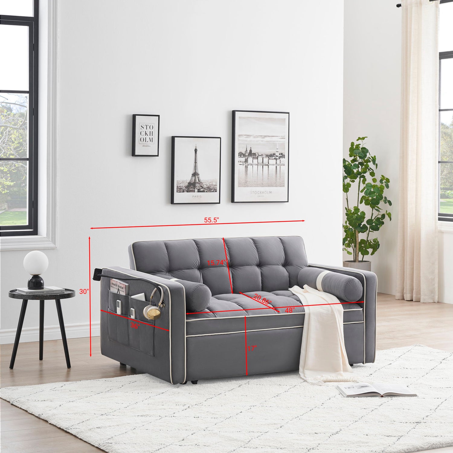 Modern Convertible Sleeper Sofa Couch With Pull Out Bed With Pillows &amp; Side Pockets For Small Space, Living Room
