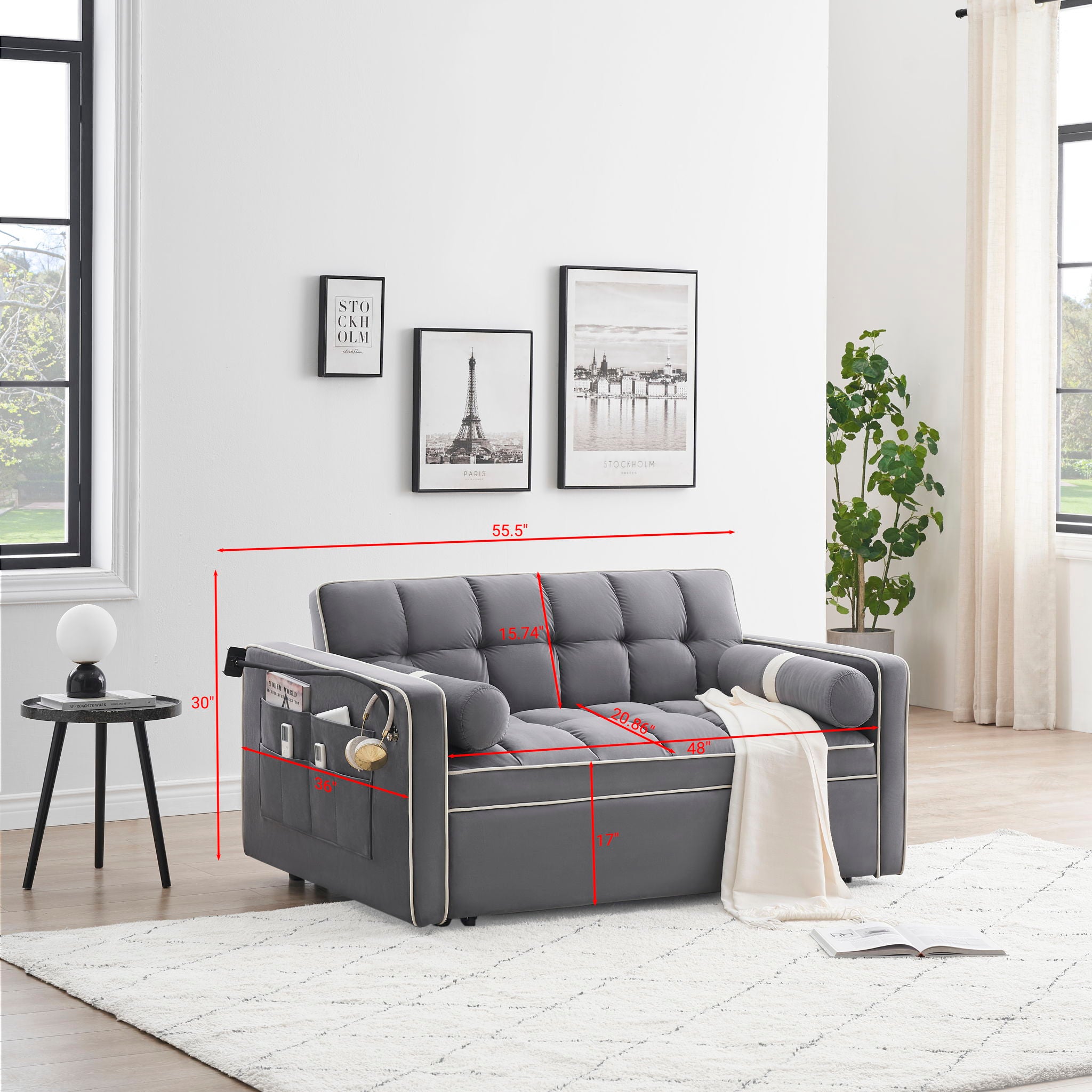 Modern Convertible Sleeper Sofa Couch With Pull Out Bed With Pillows &amp; Side Pockets For Small Space, Living Room