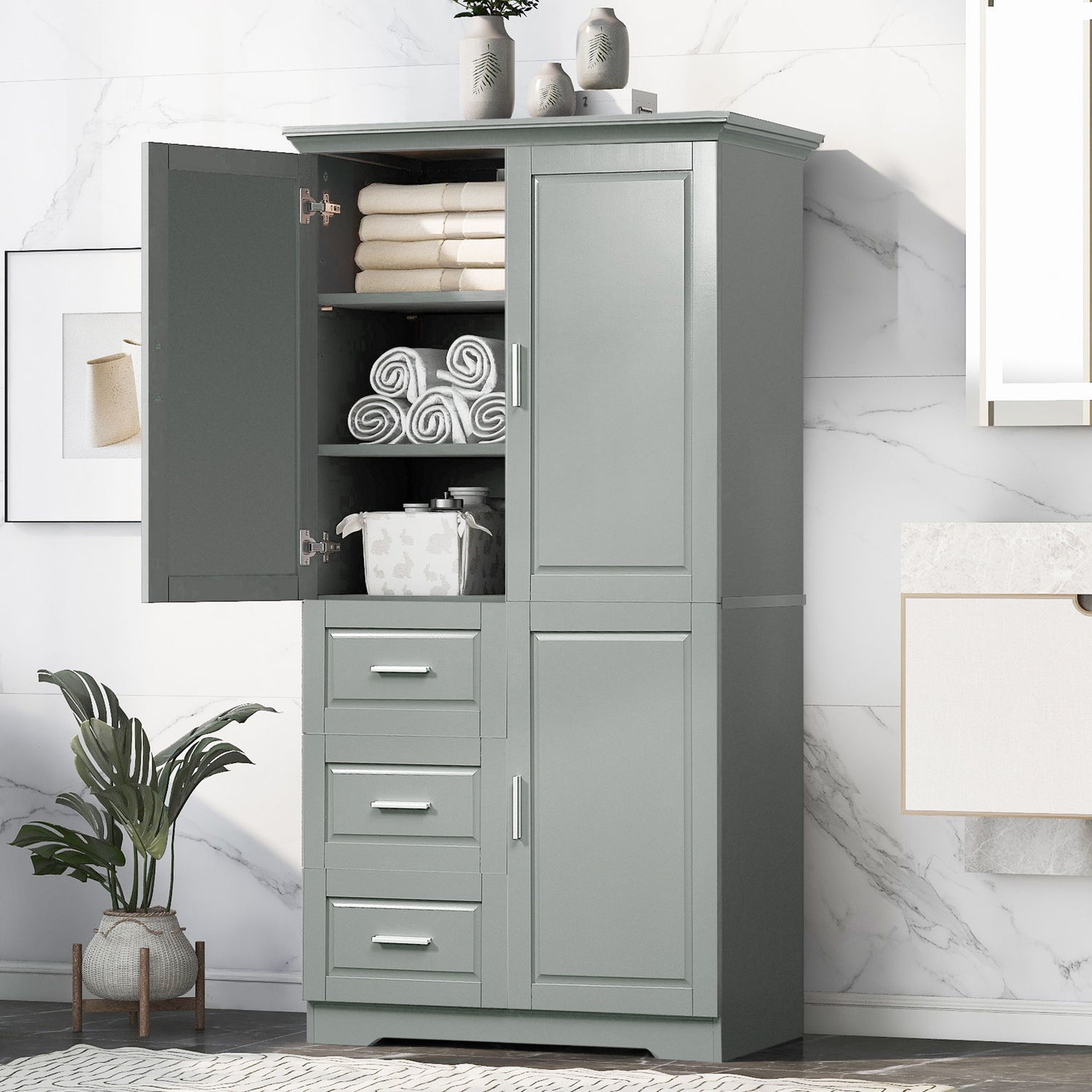 Tall And Wide Storage Cabinet With Doors, 3 Drawers