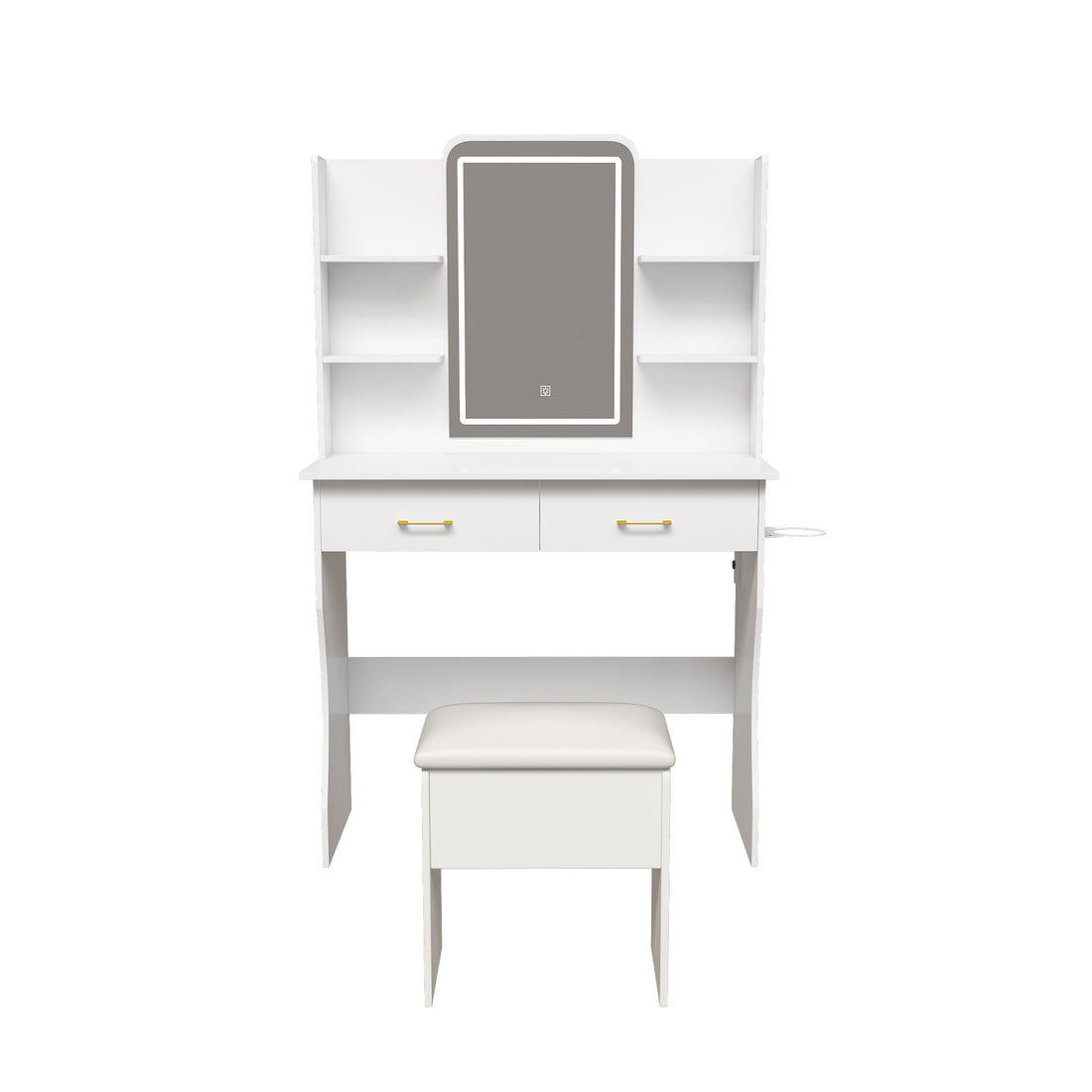 Vanity Desk With LED Lights Mirror, Power Outlet, Storage Drawers &amp; Chair - White