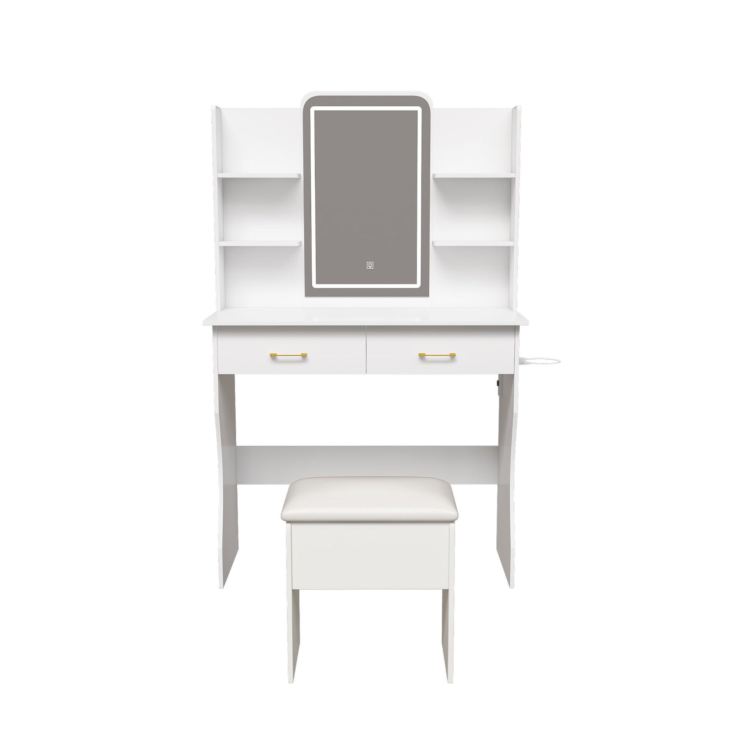 Vanity Desk With LED Lights Mirror, Power Outlet, Storage Drawers &amp; Chair - White