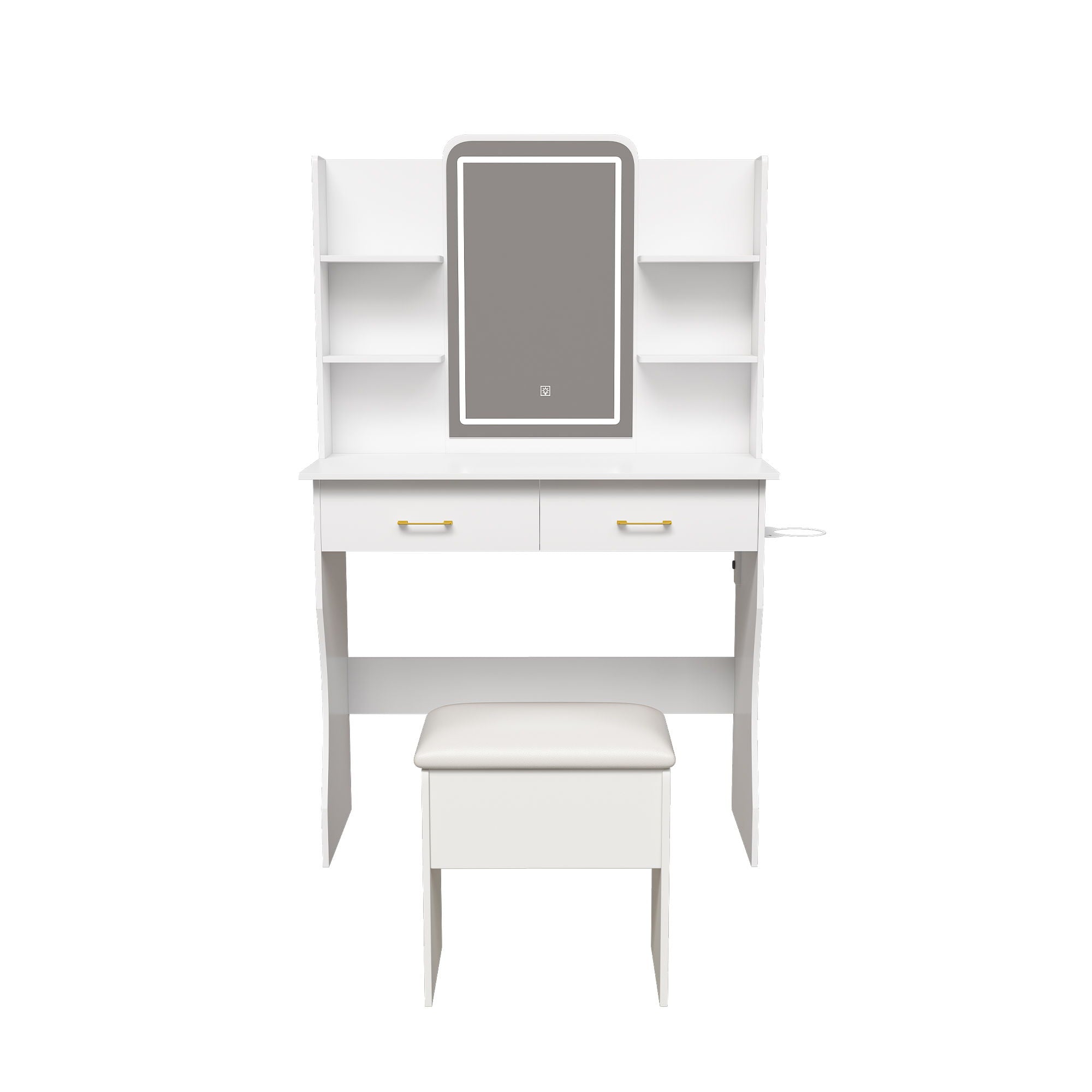 Vanity Desk With LED Lights Mirror, Power Outlet, Storage Drawers &amp; Chair - White