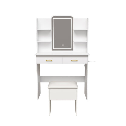 Vanity Desk With LED Lights Mirror, Power Outlet, Storage Drawers &amp; Chair - White