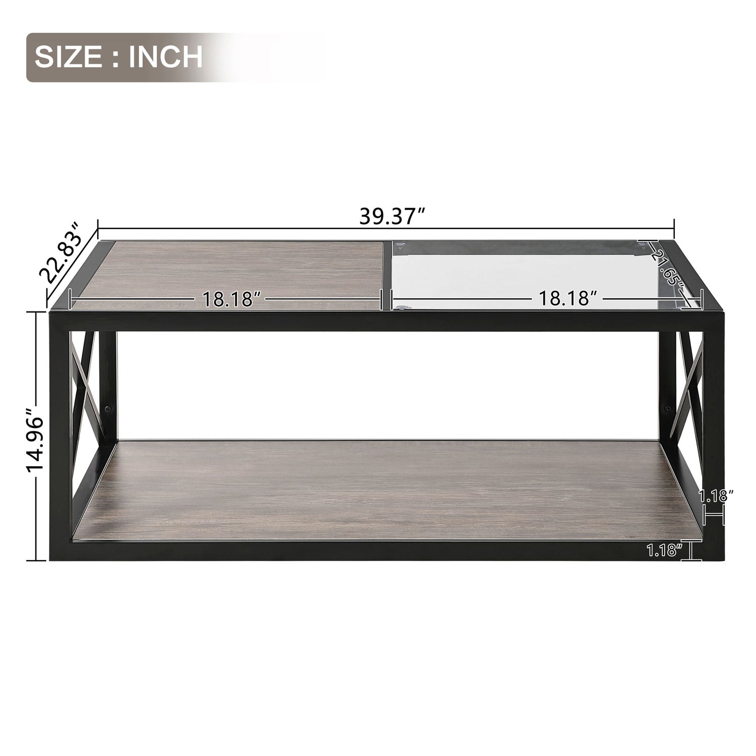 Industrial Style Coffee Table For Bedroom &amp; Living Room With Tempered Glass &amp; Wood Grain - Wood