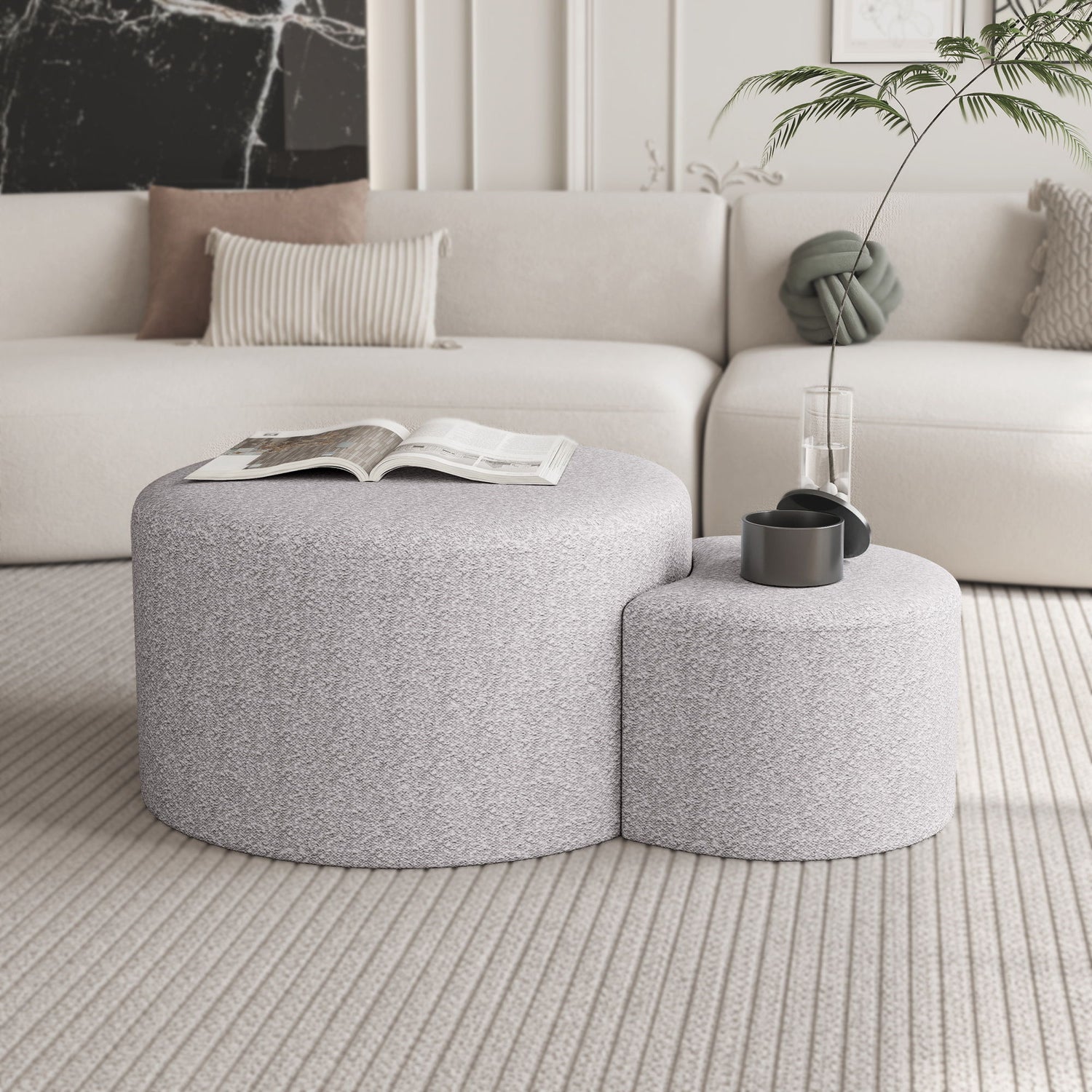 Upholstered Nesting Coffee Tables, Side Table, Footrest, Ottoman &amp; Seat For Living Room Bedroom Entryway Office (Set of 2) - Beige