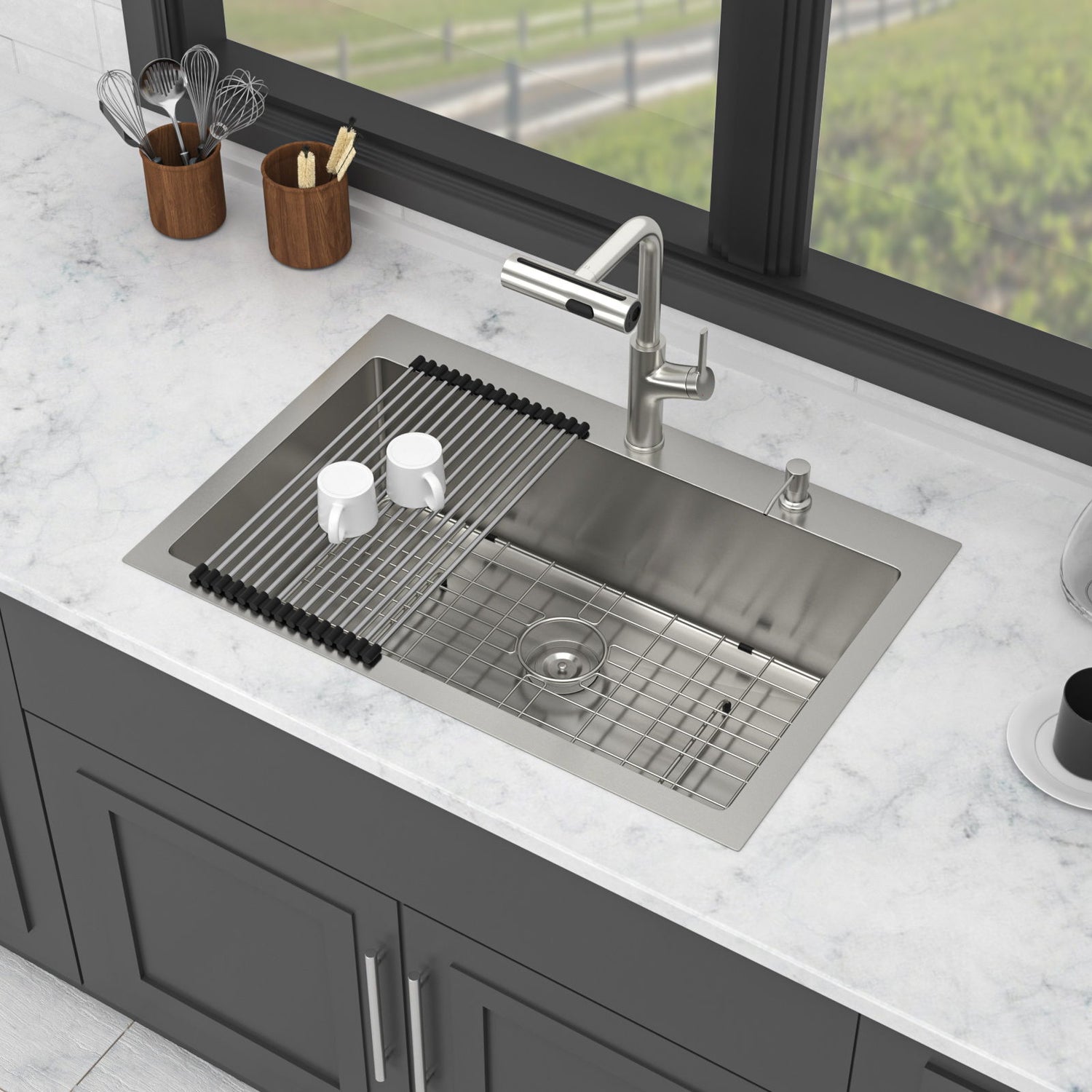 30&quot; Single Bowl Drop In Kitchen Sink With Pull Out Faucet And Soap Dispenser - Brushed Nickel