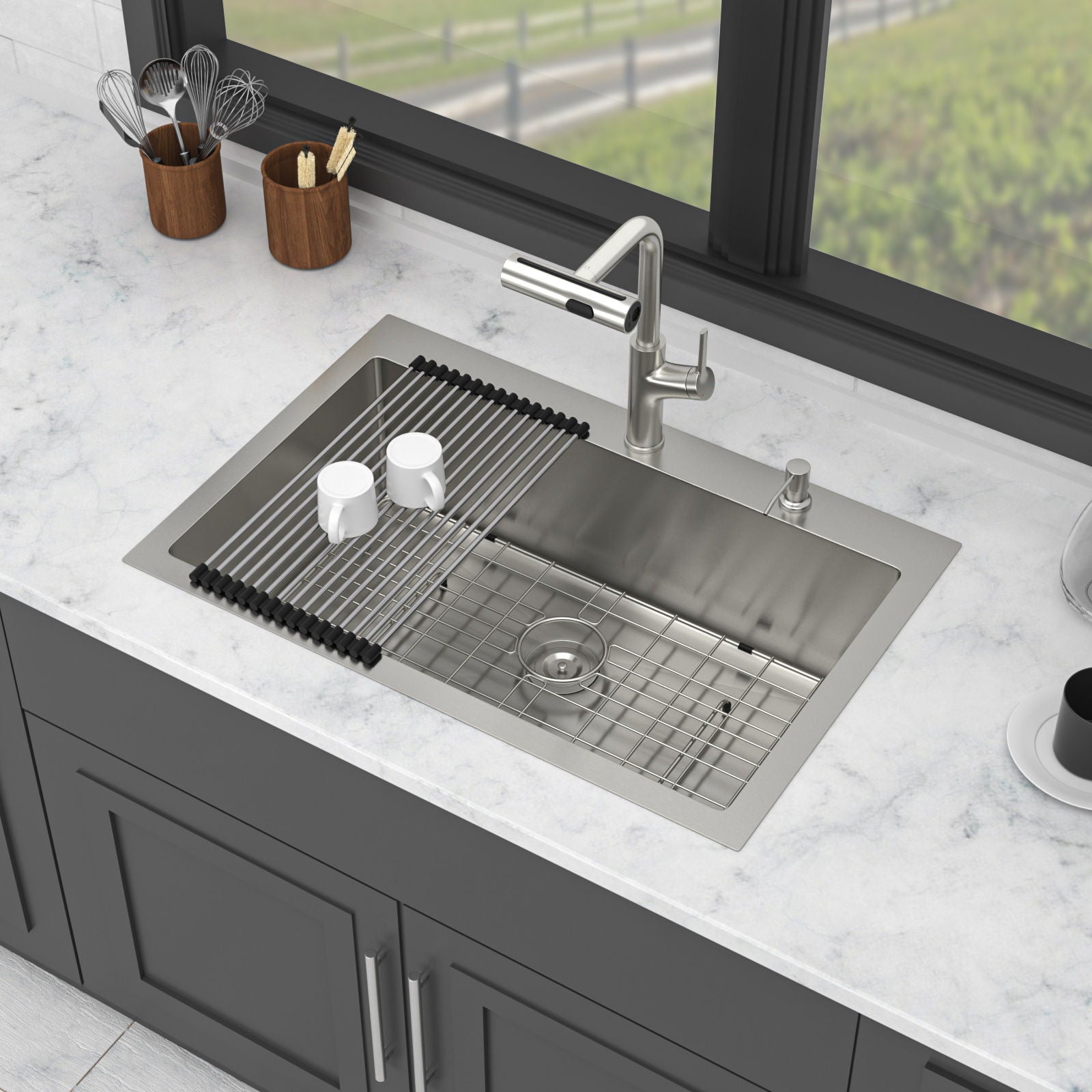 30&quot; Single Bowl Drop In Kitchen Sink With Pull Out Faucet And Soap Dispenser - Brushed Nickel