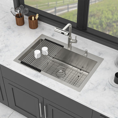 30&quot; Single Bowl Drop In Kitchen Sink With Pull Out Faucet And Soap Dispenser - Brushed Nickel