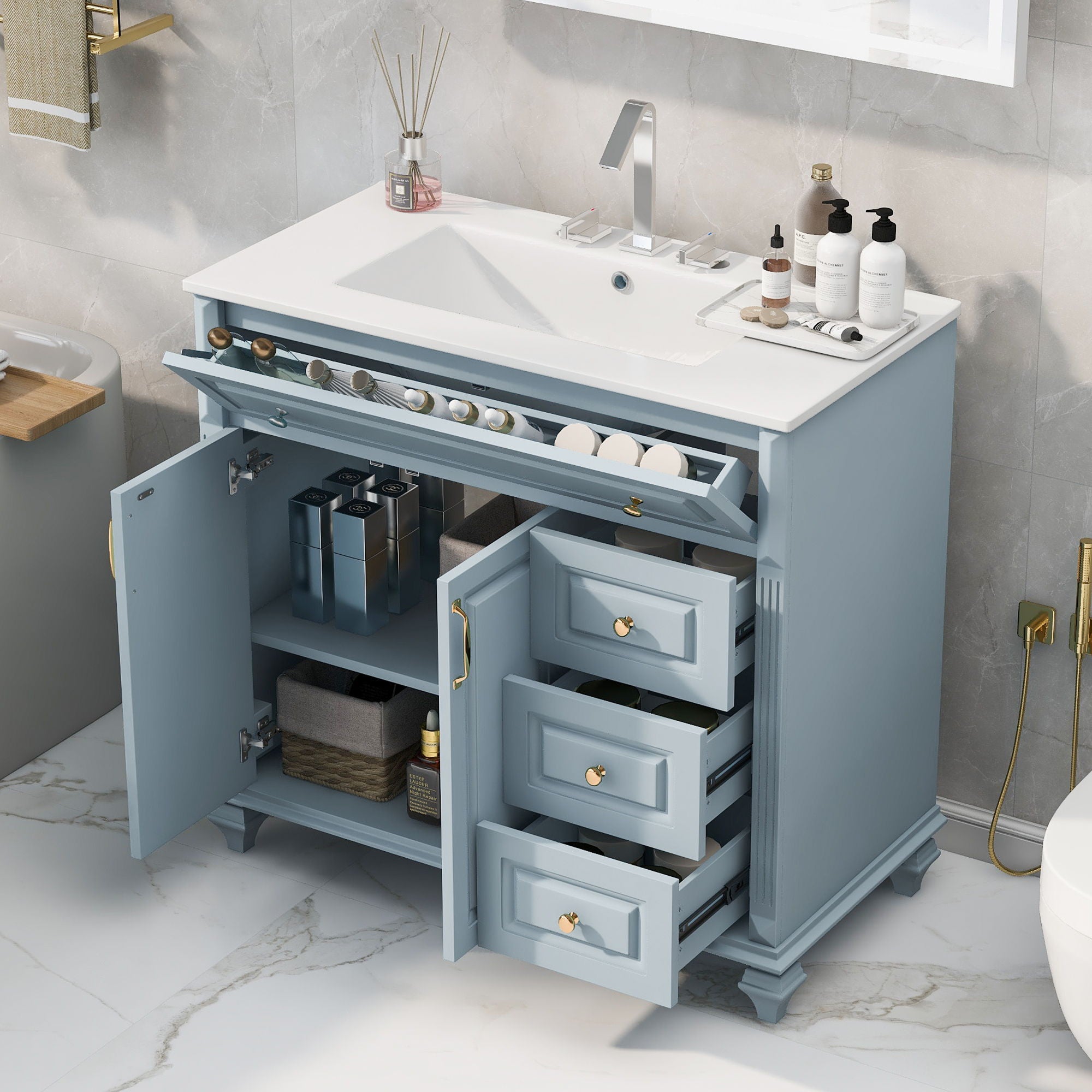 Modern Bathroom Vanity With Sink, 3 Drawers &amp; 2 Doors